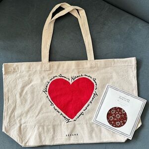 Sezane Mon Amour Heart Tote Bag and Gaston Red and White Square Scarf